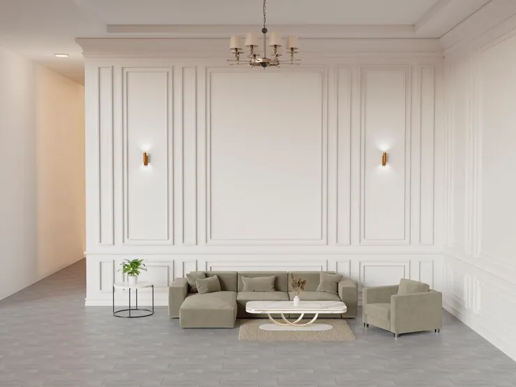 Living neoclasic cu muluri albe pe pereți, candelabru și canapea joasă, într-o vizualizare 3D